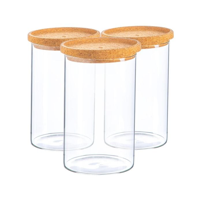 Argon Tableware Glass Storage Jars with Cork Lids - Contemporary - 1 Litre - Pack of 3