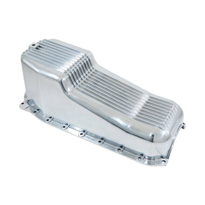 Polished Finned Aluminium Oil Pan, Small Block Chev 1985 Up Right-Hand Dipstick