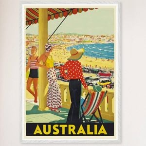 Galrie Vintage Bondi Beach Summer Travel Poster Australian Coastal Charm for Home Décor, White Frame, 50 x 70cm (20 x 28inch)