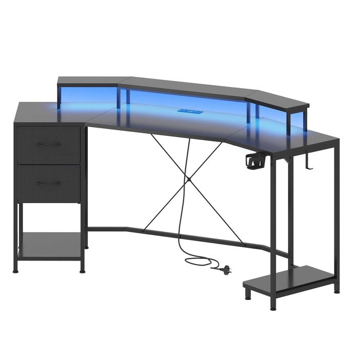 Advwin Gaming Desk With Led Lights & Power Outlets Reversible Storage Shelf 187cm Computer Desk