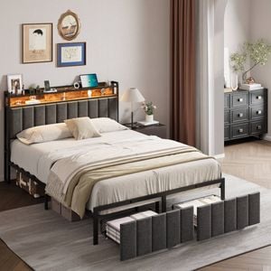 HOMFURN Double Size Upholstered Storage Bed Frame, Grey