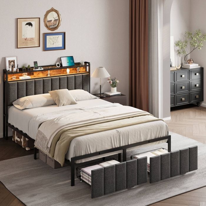 HOMFURN Double Size Upholstered Storage Bed Frame, Grey