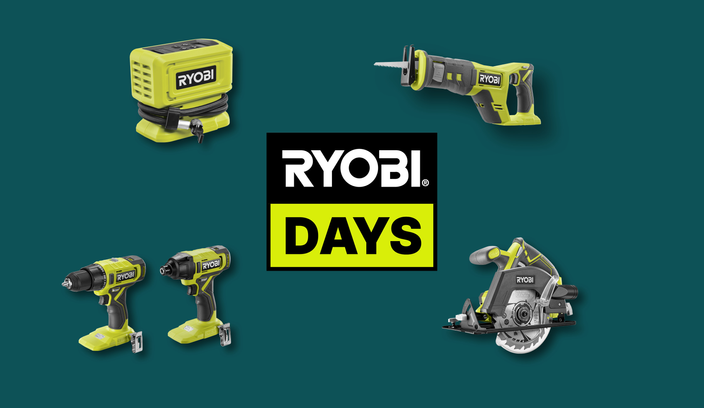 A selection of Ryobi power tools arranged around a central “Ryobi Days” graphic on a bunnings green background.