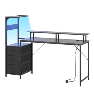 Ufurniture 150cm LED Gaming Desk w/ Power Outlets Reversible Carbon Fiber Computer Table with 3 Drawer & Raised PC Shelf Black
