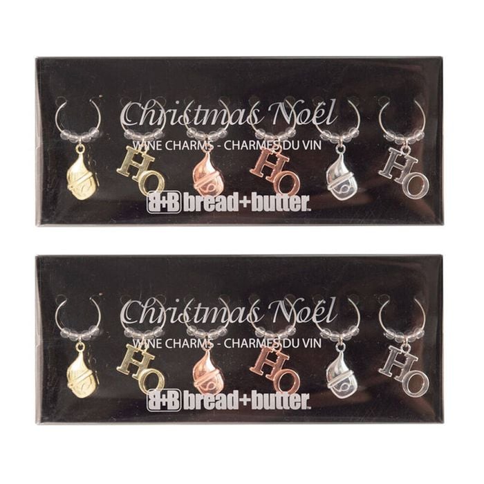 2x 6pc Bread and Butter Alloy/Steel Santa/HO Wine Charms Drink Tag/Marker Set
