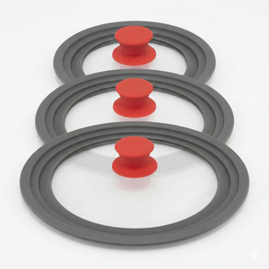 3pcs Set Pyrolux Universal Glass and Silicone Lid to Fit All Fry Pans in Red/Grey 3 Different Sizes