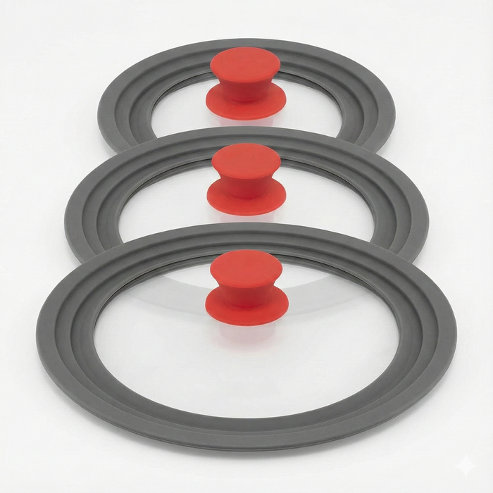 3pcs Set Pyrolux Universal Glass and Silicone Lid to Fit All Fry Pans in Red/Grey (3 Different Sizes)