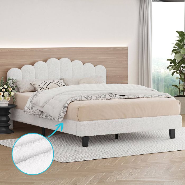ALFORDSON Bed Frame Queen Boucle White Mattress Base