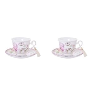 4pc Gibson Gifts Roses & Dandelion Tasseled Tea Cup & Saucer Set w/ Box