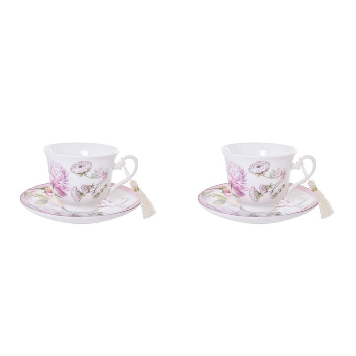 4pc Gibson Gifts Roses & Dandelion Tasseled Tea Cup & Saucer Set w/ Box
