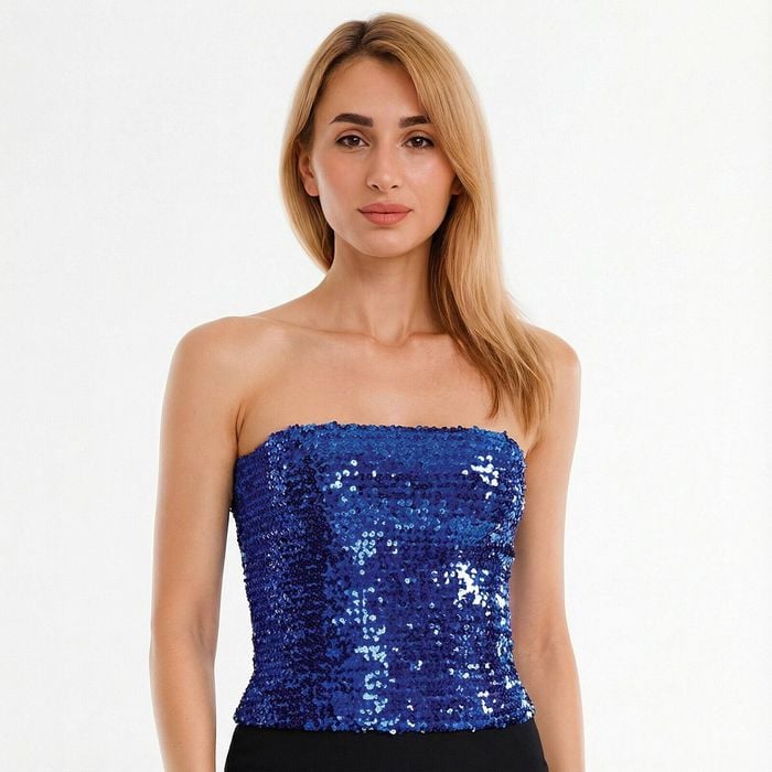 Wos SEQUIN BANDEAU CROP TOP Sparkling Sparkly Costume Tube Blue