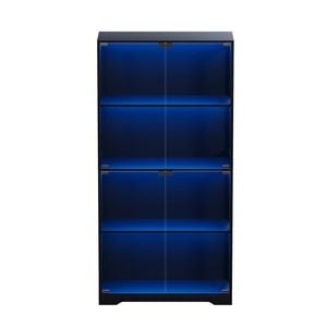 Ufurniture 160cm Display Cabinet with LED Light and Glass Doors 4-Tier Hallway Shelves Cabinet Bookshelf Storage Organizer Black