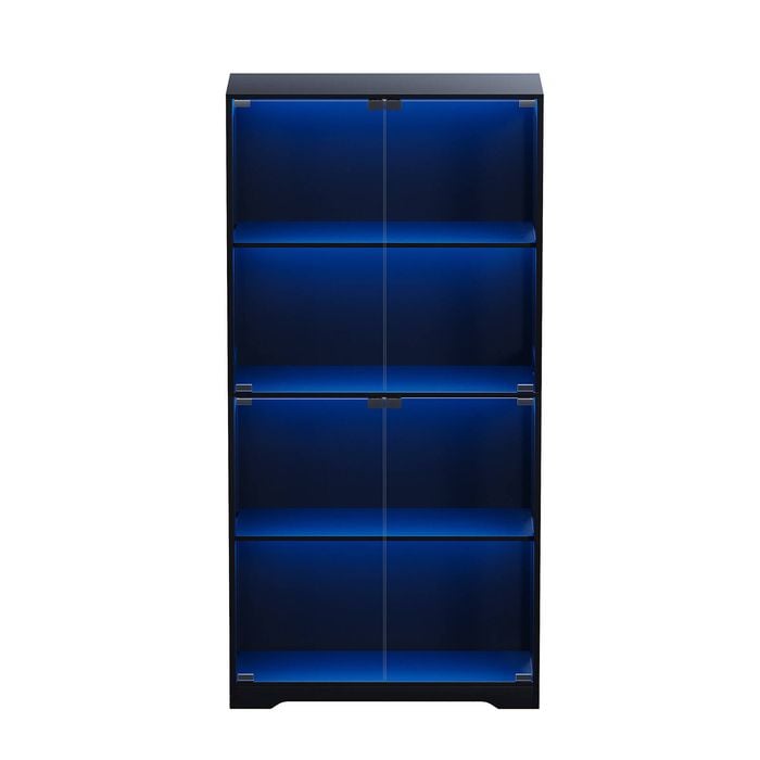 Ufurniture 160cm Display Cabinet with LED Light and Glass Doors 4-Tier Hallway Shelves Cabinet Bookshelf Storage Organizer Black