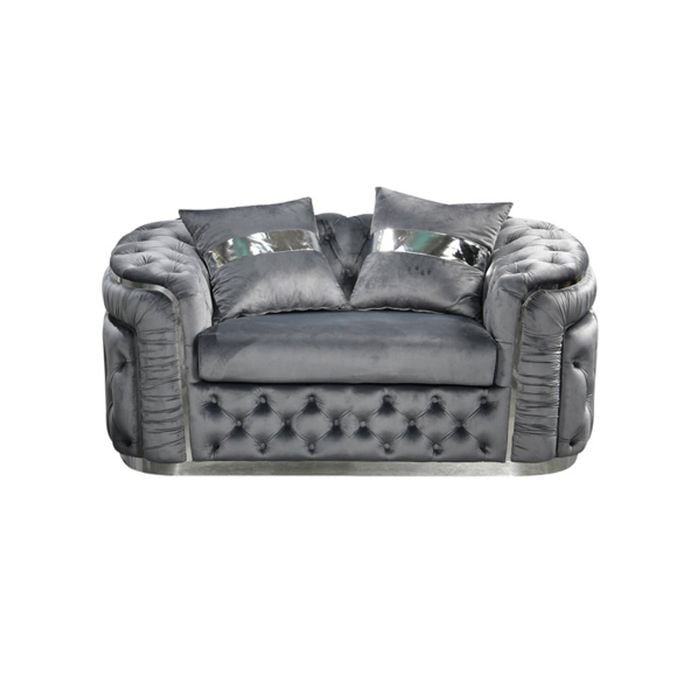 1 Seater Sofa Grey Velvet Fabric Solid Wood construction Silver Stainless Steel Trim