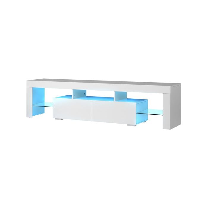 Oikiture Entertainment Unit Led Gloss Glass Shelf White 180cm