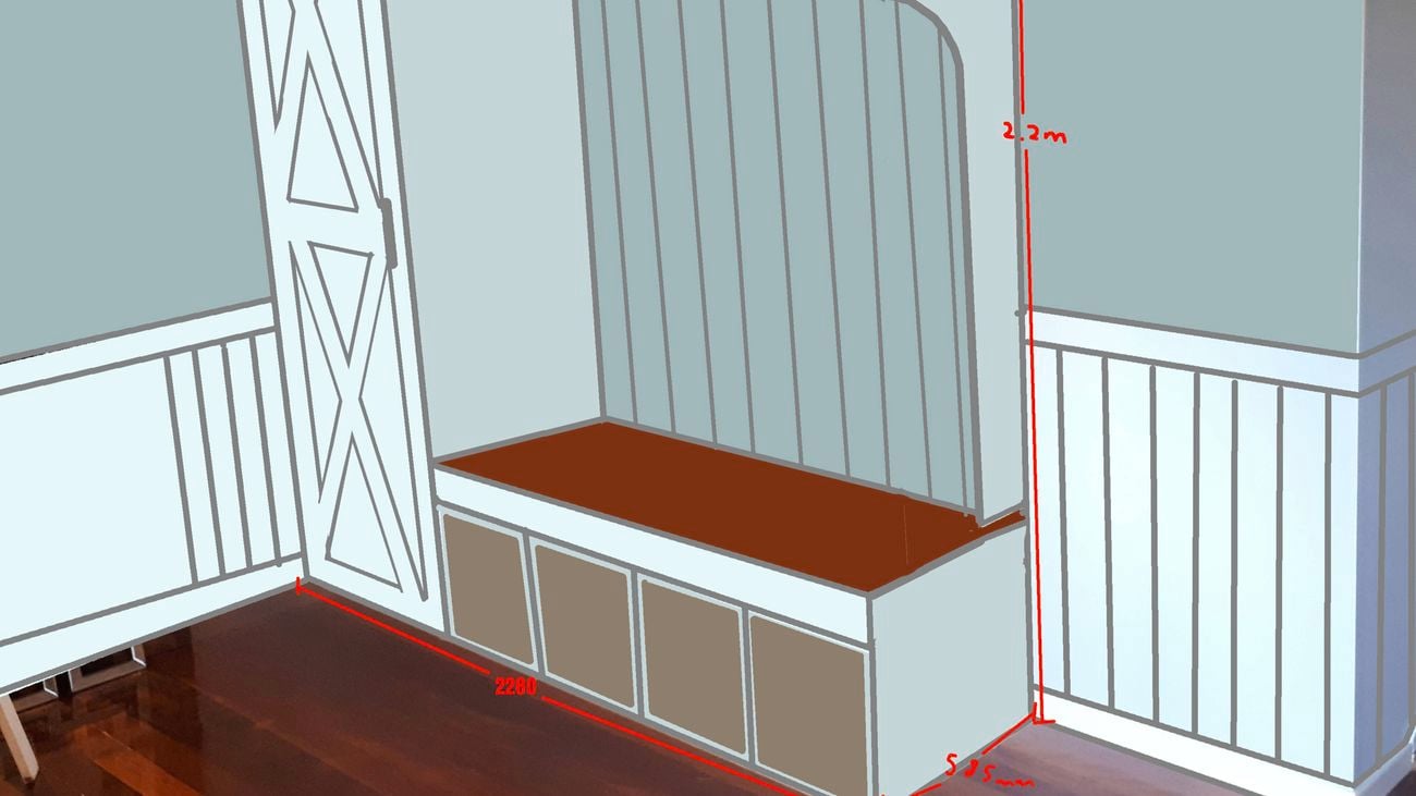 Digital sketch of planned mudroom cabinetry with measurements and storage layout.