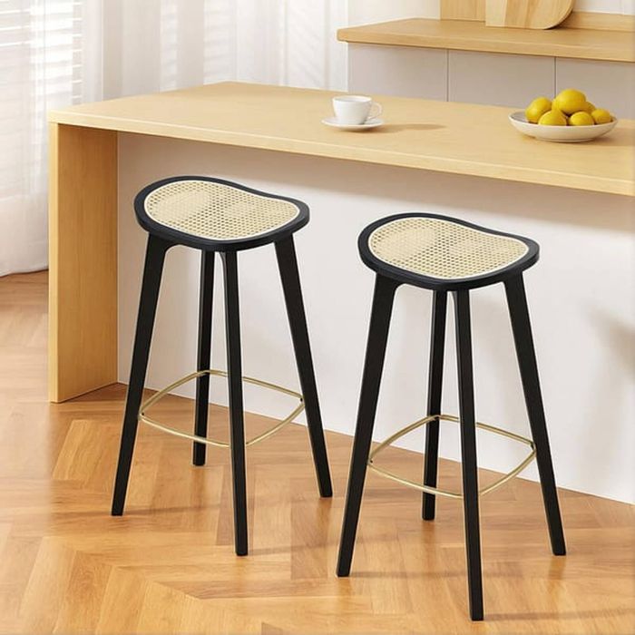 Homfurn 2x Bar Stools – Rattan Seat, Bamboo Frame, Counter Height 67cm, For Kitchen Dining, Black