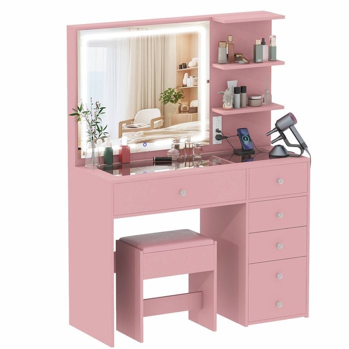 chinese dress ladies BarberPub Makeup Vanity Desk with Mirror&LED Lights, Glass Top Dressin