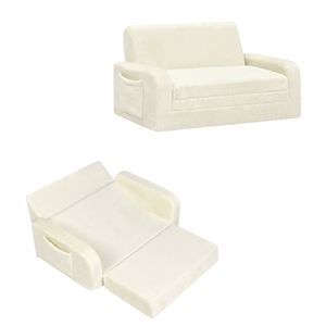 Ufurniture  3-in-1 Kids Couch Convertible Toddler Armrest Lounge Chair with Side Storage Pockets and Non-Slip Base Beige
