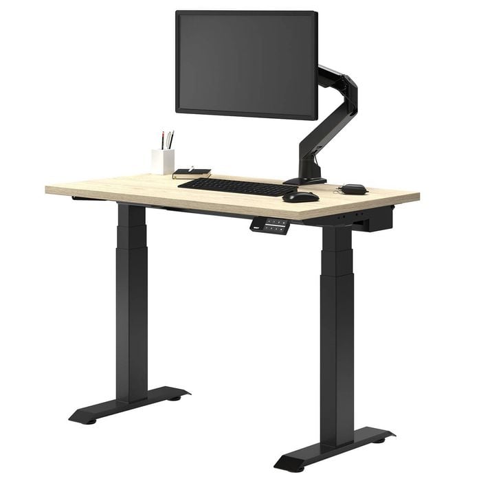 Desky Dual Mini Sit To Stand Jarrah Legno Desk 1000x600mm Matte Black Frame