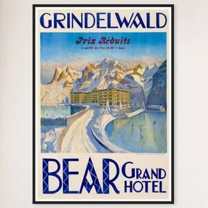 Galrie Bear Grand Hotel Vintage Travel Poster from Grindelwald, Switzerland Artwork, Black Frame, A4 21 x 30cm (8 x 12inch)