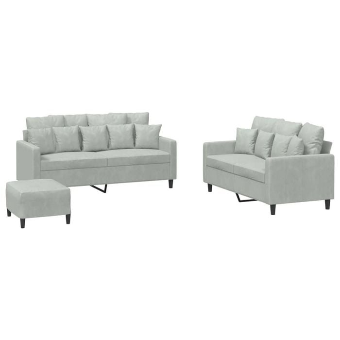 vidaXL Sofa Set with Cushions Upholstered Settee Couch 3 Piece Light Grey Velvet