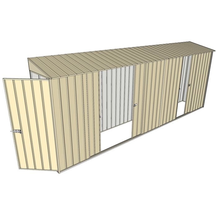 Build-a-Shed 0.8 x 5.2 x 2m Single Hinged Door Skillion Shed with Double and Single Sliding Side Doors - Cream