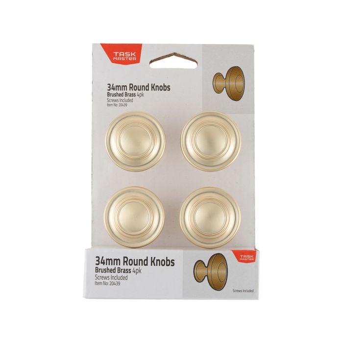 Taskmaster 34mm Brushed Brass Round Cabinet Knobs - 4 Pack