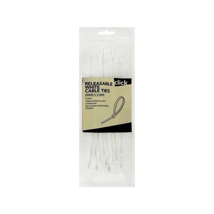 Click 200mm White Releasable Cable Tie - 25 Pack