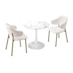 Oikiture 60cm Round Dining Table with 2x Dining Chairs Sherpa Gold&White