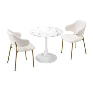 Oikiture 60cm Round Dining Table with 2x Dining Chairs Sherpa Gold&White
