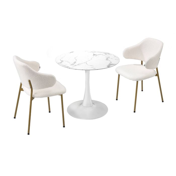 Oikiture 60cm Round Dining Table with 2x Dining Chairs Sherpa Gold&White