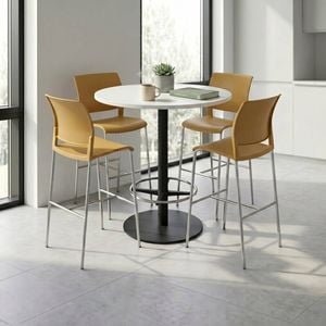 Olg Bar Leaner Bundle: Disc Base 1050mm Round Bar Leaner Black Frame White Top + 4 Game Plain Shell Barstools Daffodil