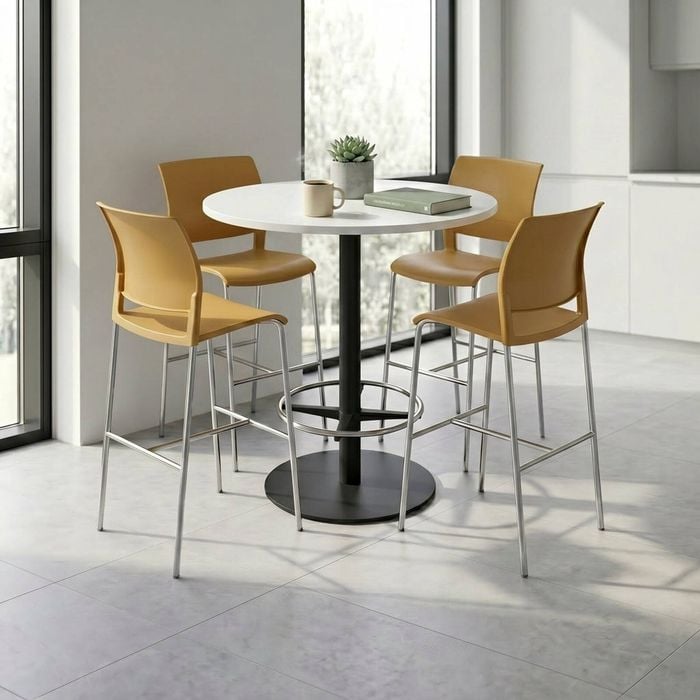 Olg Bar Leaner Bundle: Disc Base 1050mm Round Bar Leaner Black Frame White Top + 4 Game Plain Shell Barstools Daffodil