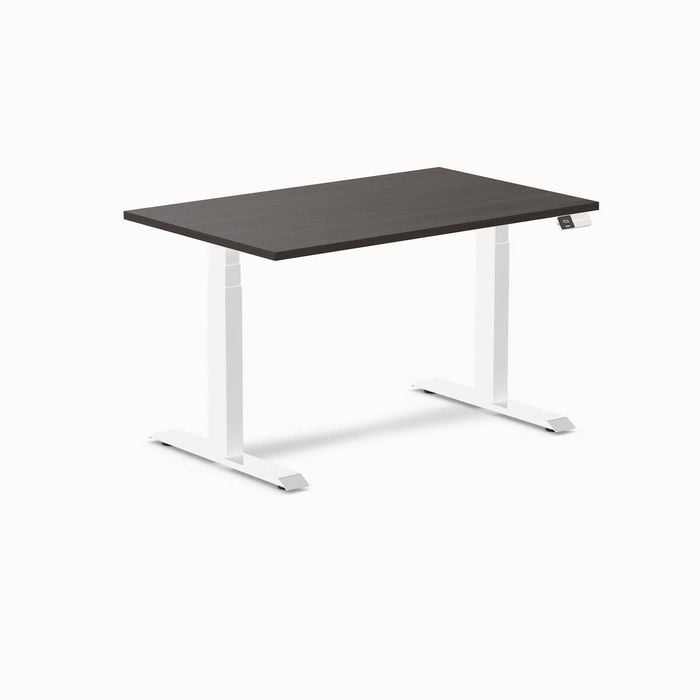 Desky Dual Sit to Stand Burnished Wood Melamine Desk 120x75cm White Height Adjustable Legs