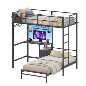 Advwin L-shaped Bunk Bed With Desk & Charging Station, Led Loft Bed With Drawer,clothes Rail,ladder, Single Black