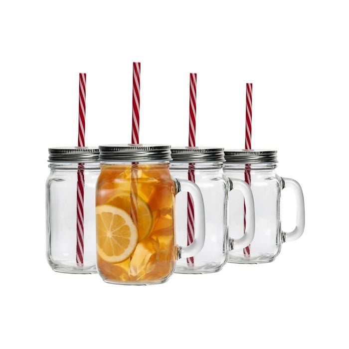 Rink Drink 4 Piece Glass Drinking Jars Set with Lid and Reusable Straw - 450ml