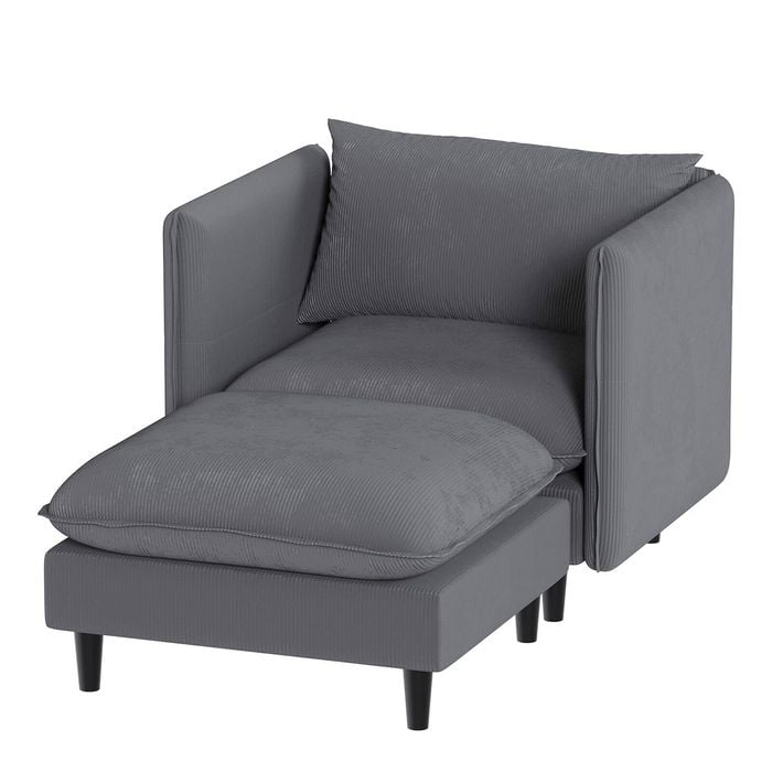 Ufurniture Single Sofa Corduroy Modular Lounge Couch with Adjustable Armrest & Backrest Single Sofa with Footrest Grey