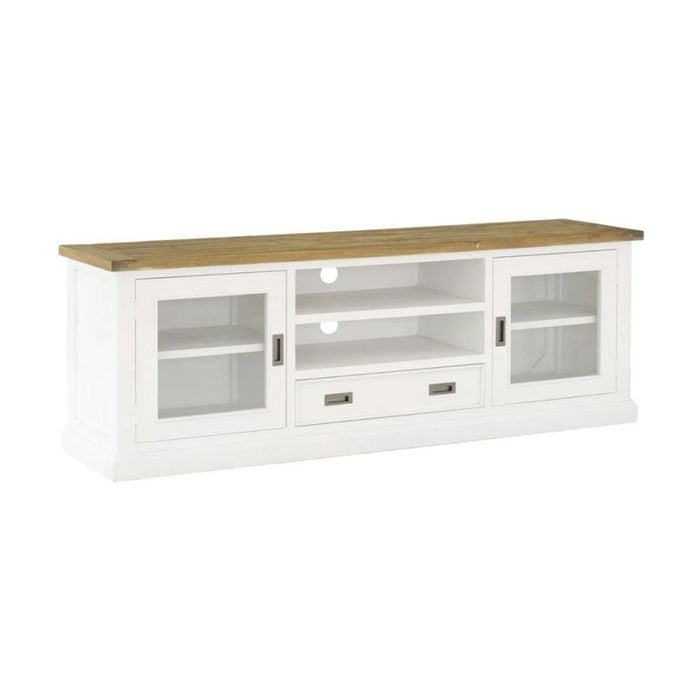 Leura Belle Entertainment Tv Unit In Brushed White With Natural Timber Top