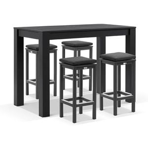 Santorini Outdoor 1.5m Bar Table Charcoal With 4 Avoca Stools & Denim Grey Cushions
