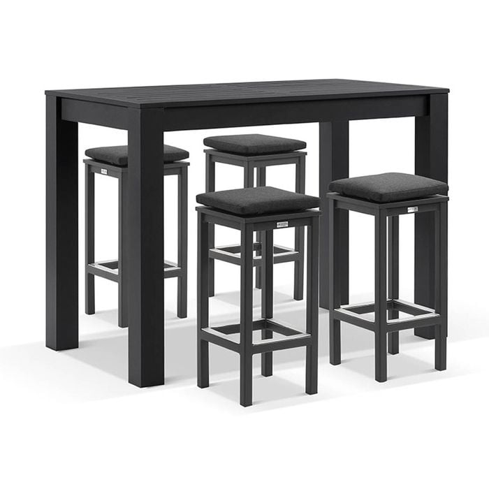 Santorini Outdoor 1.5m Bar Table Charcoal With 4 Avoca Stools & Denim Grey Cushions