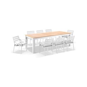 Outdoor Balmoral 2.5M Teak Top Aluminium Table With 8 Kansas Dining Chairs With Olefin Cushions-White Aluminium/Olefin Grey