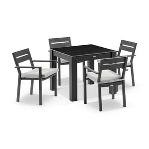 Hugo Outdoor 4 Seater Ceramic/aluminium Dining Table Charcoal With Santorini Chairs & Olefin Grey Cushions