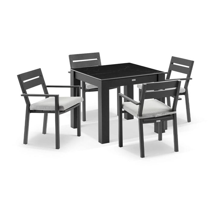 Hugo Outdoor 4 Seater Ceramic/aluminium Dining Table Charcoal With Santorini Chairs & Olefin Grey Cushions