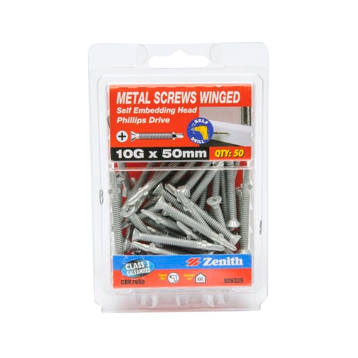 Zenith 10G x 50mm Galvanised Self Embedding Head Metal Screws Winged - 50 Pack