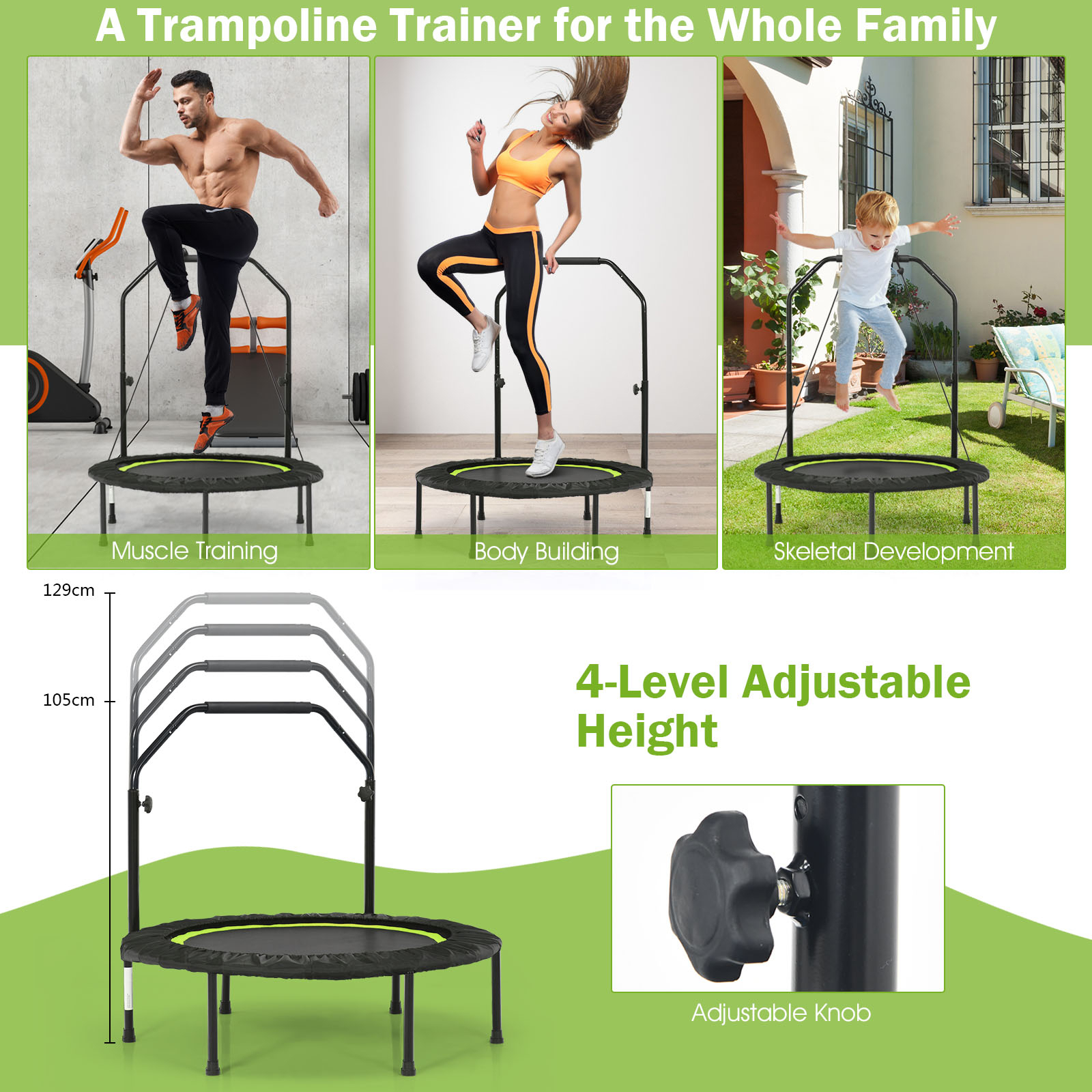 Costway 40 Mini Trampoline Fitness Rebounder Handrail Indoor Home Gym Cardio Exercise Trainer Green Bunnings Australia