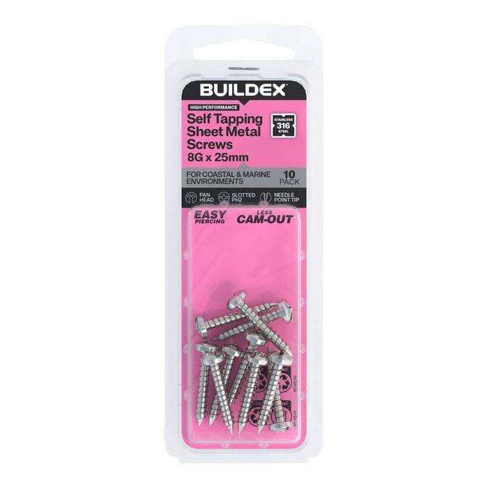 Buildex Self-Tapping Sheet Metal Screws 8Gx25 - 10 pack