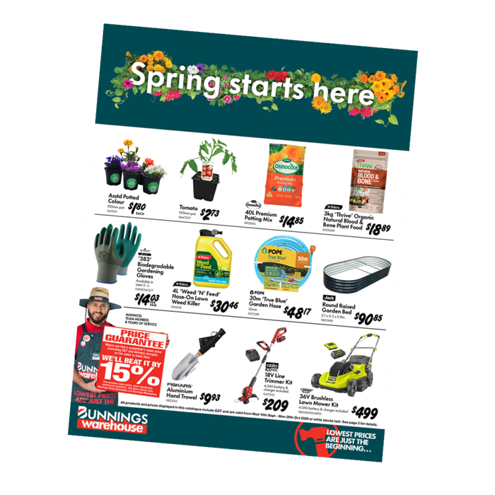 Bunnings Warehouse spring gardening catalogue promotion featuring the headline “Spring starts here” surrounded by colourful flowers. The catalogue highlights gardening products including potted flowers, tomato plants, potting mix, fertiliser, gardening gloves, weed killer, garden hose, raised garden bed, hand trowel, line trimmer kit and lawn mower, with promotional pricing and the Bunnings Warehouse logo.