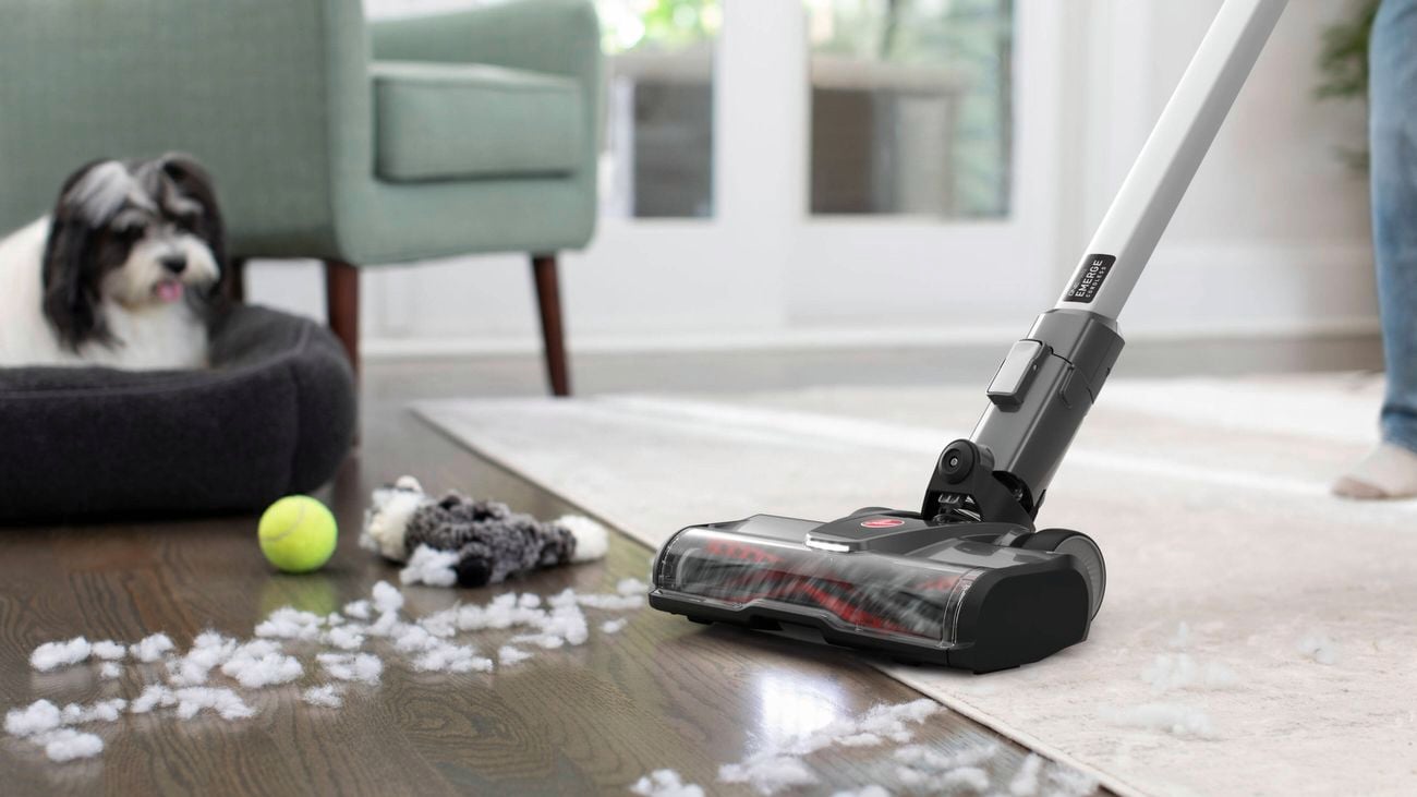 Person using a stick vacuum inside
