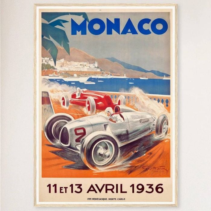 Galrie Monaco Grand Prix 1936 Vintage Racing Art Poster Perfect for Collectors, Wood Frame, A3 30 x 42cm (12 x 16inch)